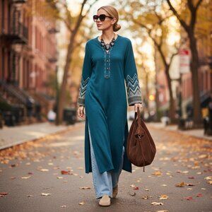 Beliza Teal Knit Ethnic Tunic Dress Metallic Thread, Boho Chic